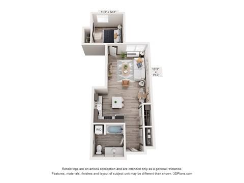 Floor plan for 1 bed, 1 bath, 655 sqft